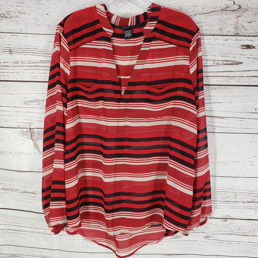 Torrid Red Striped Sheer Open V-Neck Pockets Long Sleeve Top Size 1